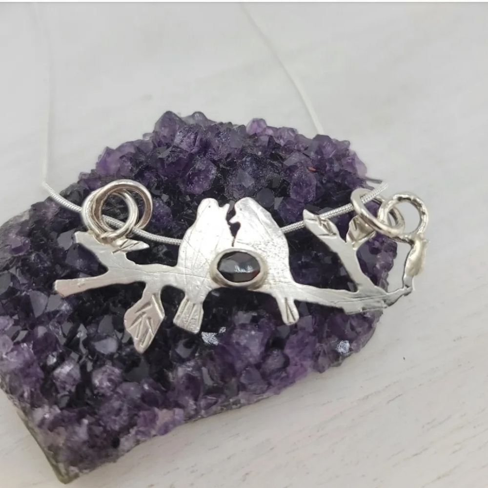 GARNET LOVEBIRDS PENDANT HANDMADE IN STERLING SILVER METAL About 18" Of Length